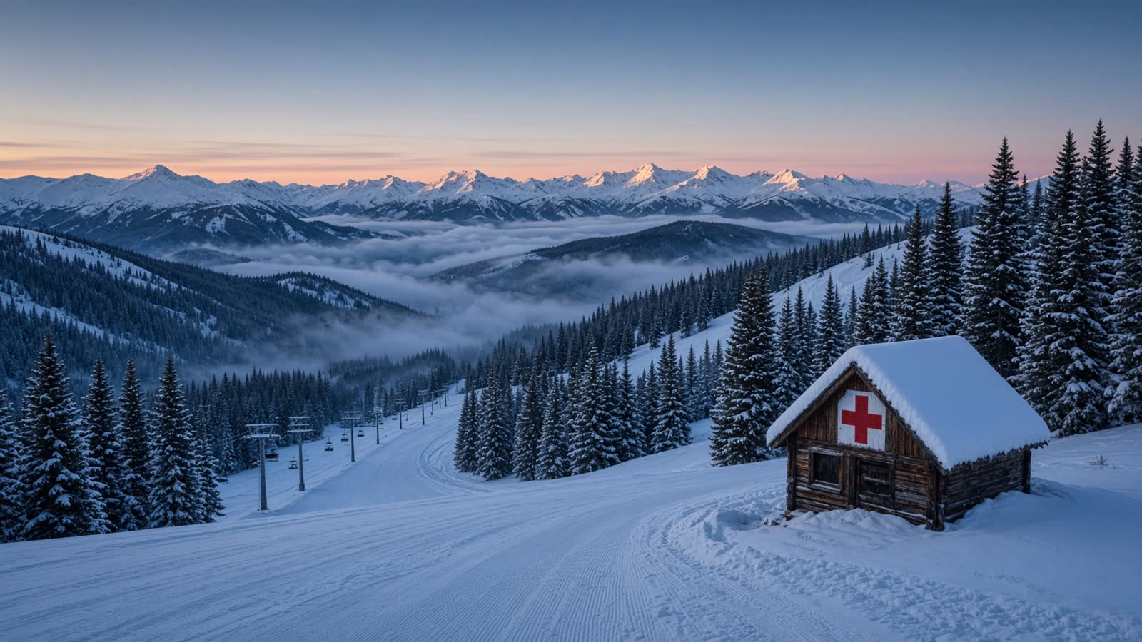 Snow-covered Northern Rockies ski area at first light